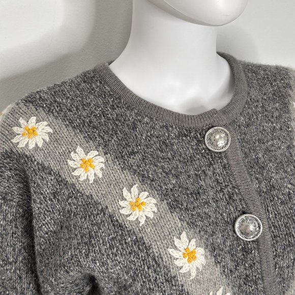 Vintage Country Blue Wool Blend Daisy Print Cardigan in Gray Women's Size M - Picture 8 of 17